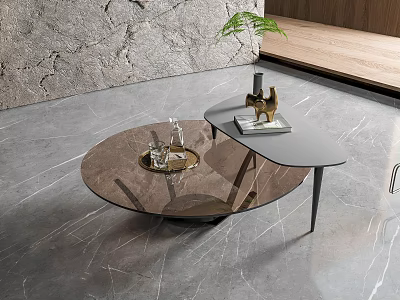 Modern Round Glass Coffee Table With Black Frame Tray Green Plant On Gray Marble Floor 3d model