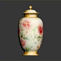 Hand Carved Ceramic Vase With Yellow Lid And Red Pink Floral Patterns