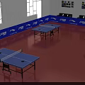 Indoor Table Tennis Court Featuring Red Floor Blue Banners Multiple Tables And Sofas