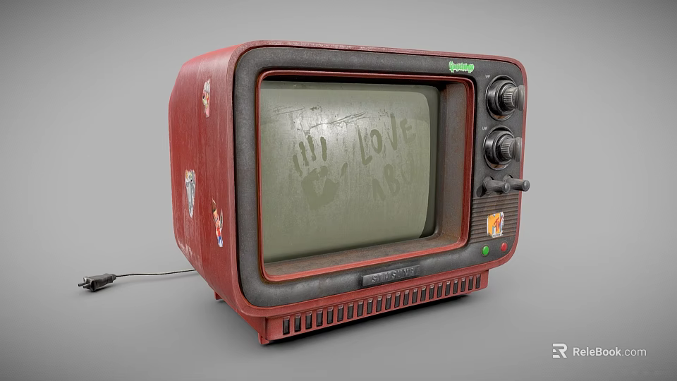 Vintage Red Television with Stickers Handwritten I LOVE YOU and Handprint on Screen 3d model 