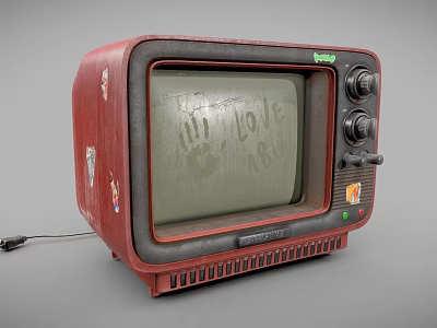 Vintage Red Television with Stickers Handwritten I LOVE YOU and Handprint on Screen 3d model