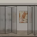 Black Frame Glass Folding Door in Modern Interior with Decorative Painting and Plant