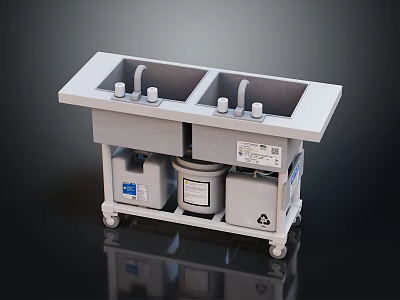 Mobile Double Basin Sink with Storage Containers and Wheels for Medical Use 3d model
