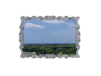 Ornate Silver Framed Mirror Reflecting Scenic Blue Sky White Clouds and Green Trees 3d model