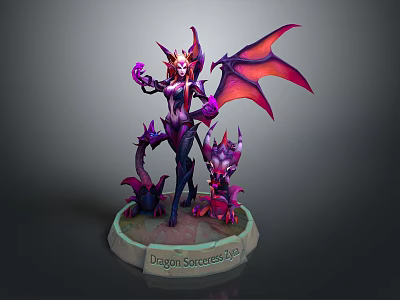 Dragon Sorceress Female Statue With Purple Red Wings And Small Dragon Details 3d model