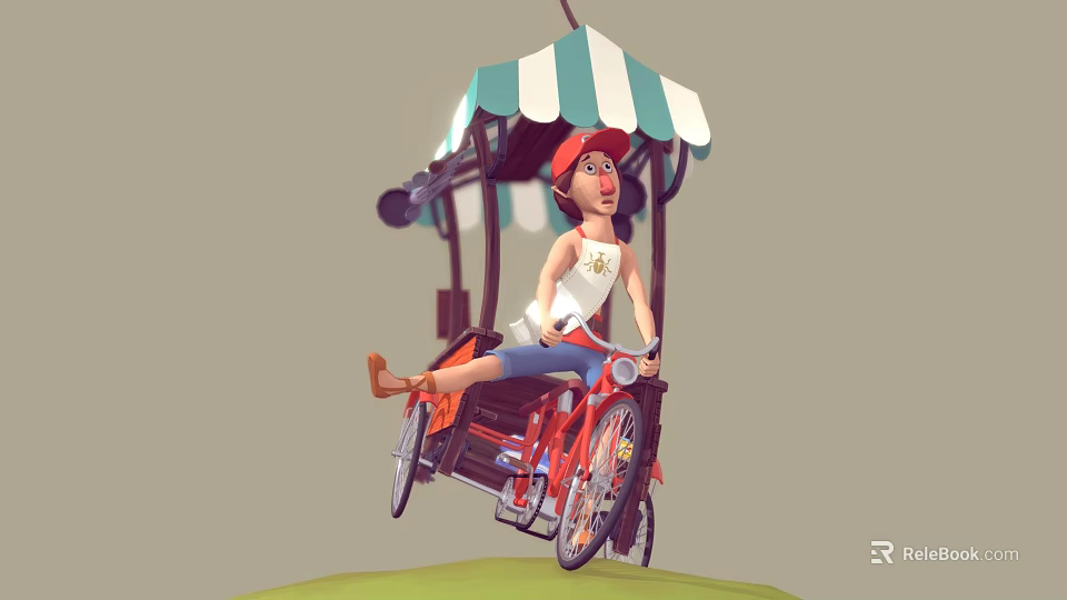 Cartoon Character With Red Hat Riding Red Tricycle Under Green And White Striped Canopy 3d model 