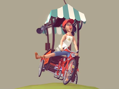 Cartoon Character With Red Hat Riding Red Tricycle Under Green And White Striped Canopy 3d model