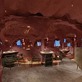 Cave Style Restaurant Interior With Rock Walls Ceiling Windows And Tables Chairs 3d model