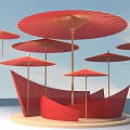 Multiple Red Umbrella Structures With Curved Base Against Blue Sky Background 3d model