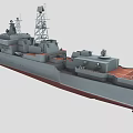 Gray Naval Warship With Deck Radar Antennas And Red Bottom 3d model