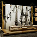 Minimalist Art Installation With Bamboo Screens Tea Elements And Wooden Structure
