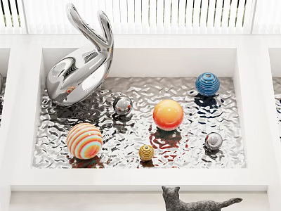 Abstract Silver Sculpture with Colorful Spheres and Black Cat in White Square Corrugated Metal Container 3d model