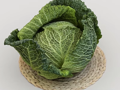 Fresh Green Cabbage with Crisp Leaves on a Woven Mat 3d model