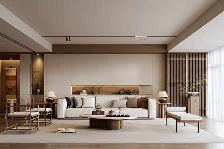 New Chinese Style Song Style Living Room New Chinese Style Living Room Sofa Coffee Table Combination Song Style Hanging Painting New Chinese Style Niche Dried Flower End Scene Plant Solid Wood Leisure Chair 3d model