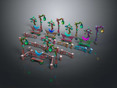 Colorful Creature Shaped Decorative Street Lamps and Benches 3D Models Collection 3d model