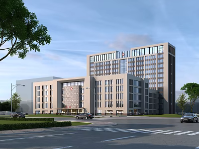 Modern Hospital Building Exterior with Trees Road and Vehicles in Urban Area 3d model