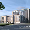 Modern Hospital Building Exterior with Trees Road and Vehicles in Urban Area