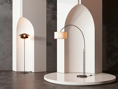 Modern Arc Floor Lamp With Linen Shade On Minimalist Round White Display Stand 3d model