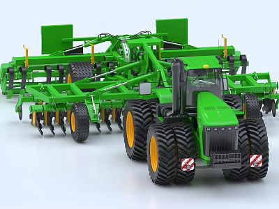 Green Utility Vehicle for Agricultural Use with Farming Implements Large Tires and Yellow Rims 3d model