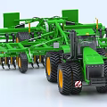 Green Utility Vehicle for Agricultural Use with Farming Implements Large Tires and Yellow Rims
