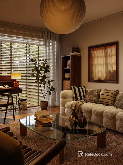 Cozy Modern Living Room Interior With Beige Sofa Striped Cushions And Glass Coffee Table 3d model 