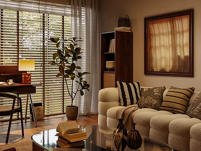 Cozy Modern Living Room Interior With Beige Sofa Striped Cushions And Glass Coffee Table 3d model