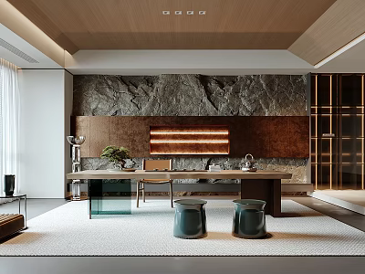 Modern Tea Room Interior With Wooden Ceiling Stone Wall Long Table And Green Stools 3d model