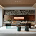 Modern Tea Room Interior With Wooden Ceiling Stone Wall Long Table And Green Stools