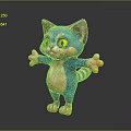 Cute Cartoon Kitten with Blue and Orange Fur Big Green Eyes Arms Outstretched Standing