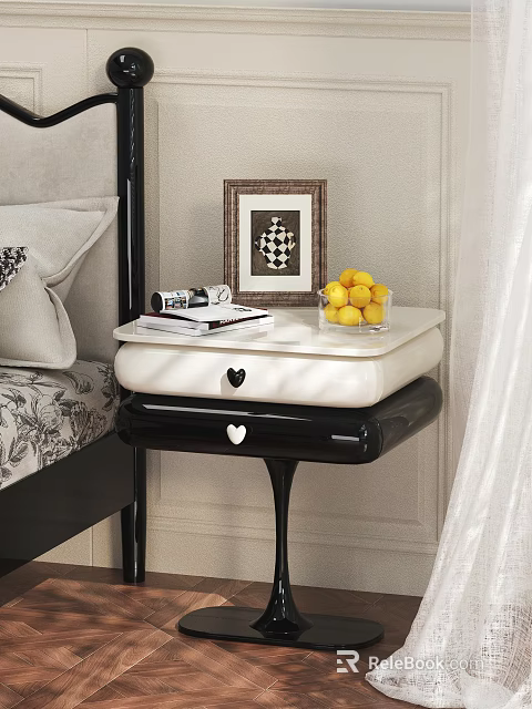 Elegant Black And White Bedside Table With Framed Picture Books And Lemon Bowl 3d model 
