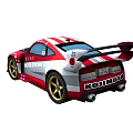 Red and White Streamlined Racing Car with Black Hood Gold Wheels Rear Spoiler and Logos