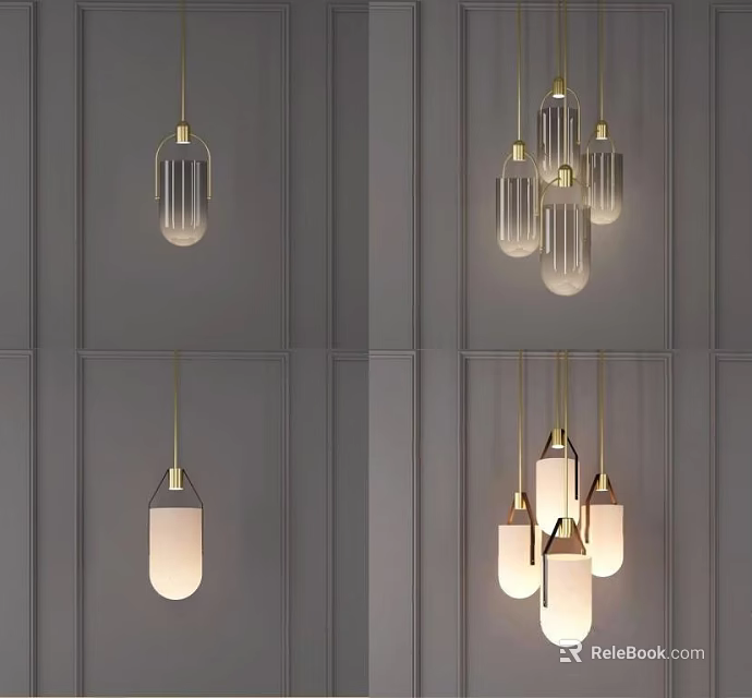 Modern Elegant Chandeliers With Glass Shades And Golden Metal Frames For Interior Decoration 3d model 