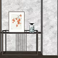 Chinese Style Console Table with Persimmon Branch Painting and Decorative Vase in Light Wall Background