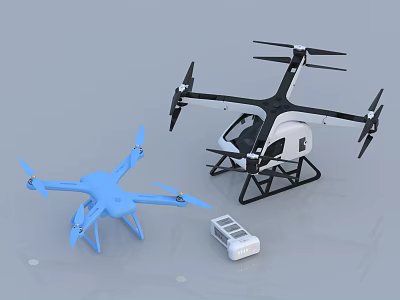 Smart Machines Showcasing Blue Drone Large Cabin Drone and White Device 3d model