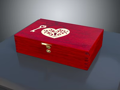 Decorative Ornament Set Featuring Red Wooden Box With Heart Key Design And Golden Lock 3d model