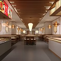 Modern Hotpot Restaurant Interior Design With Wooden Ceiling Lanterns Dining Tables And Buffet Counters 3d model