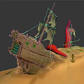Cartoon Scene Tilted Wooden Sailboat With White Sails Red Flag And Anchor On Sandy Ground
