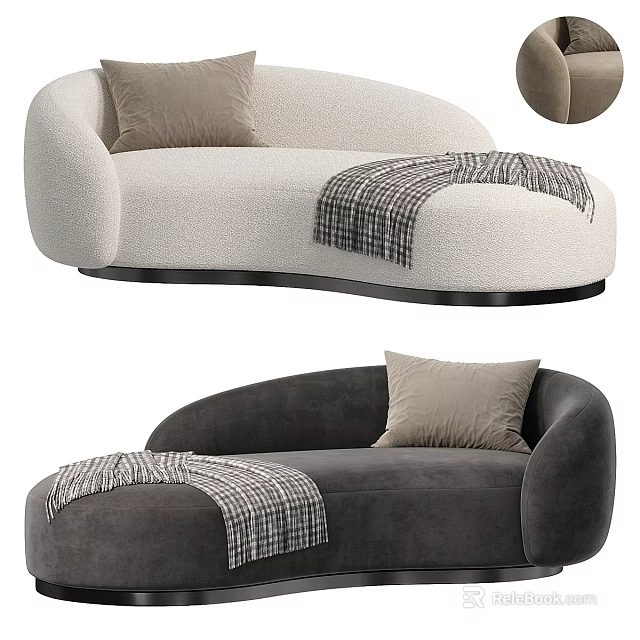 Curved Sectional Sofa in Beige and Dark Gray with Pillows and Plaid Blanket 3d model 