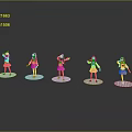 Five Gaming And Film Characters In Pink White Outfits With Different Poses On Base