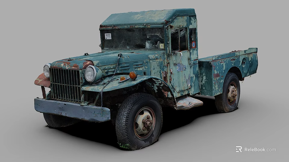 Old Rusty Teal Truck With Worn Out Body And Peeling Paint Details 3d model 