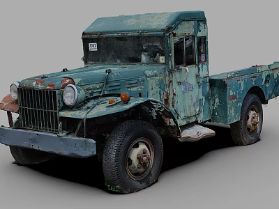 Old Rusty Teal Truck With Worn Out Body And Peeling Paint Details 3d model