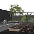 Rooftop Garden Outdoor Area With Comfortable Sofa Wooden Coffee Table Lush Green Plants And City View