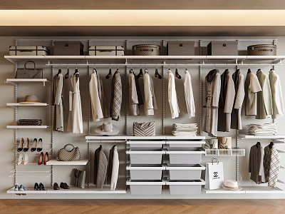 Modern Organized Closet Interior With Hanging Folded Clothes Bags Shoes Shelves And Drawers 3d model