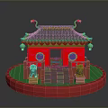 Chinese Style Architectural Model Featuring Red Body Green Roof Dragon Ornaments Stone Lions And Lanterns
