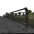 Stainless Steel Railing Along Waterfront Roadside With Stone Pavement And Green Trees