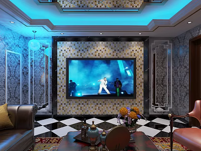 Luxury KTV Lounge Interior Design With Large Screen TV Comfortable Sofa And Sound System 3d model