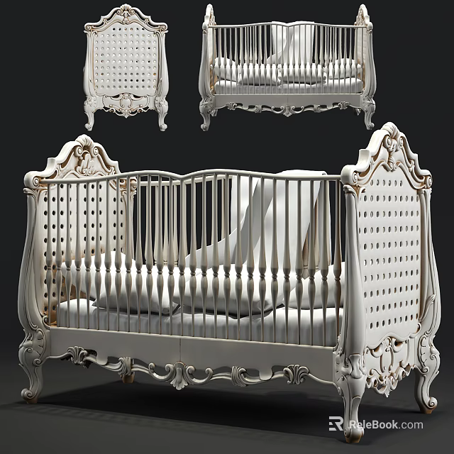 Elegant White Baby Crib With Intricate Carved Details And Decorative Railings 3d model 