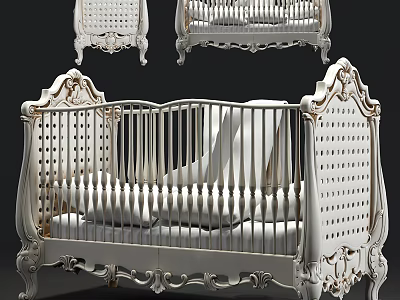 Elegant White Baby Crib With Intricate Carved Details And Decorative Railings 3d model
