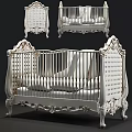 Elegant White Baby Crib With Intricate Carved Details And Decorative Railings