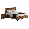 Rustic Wooden Bed Frame With Drawer Nightstands White Bedding And Black Blanket